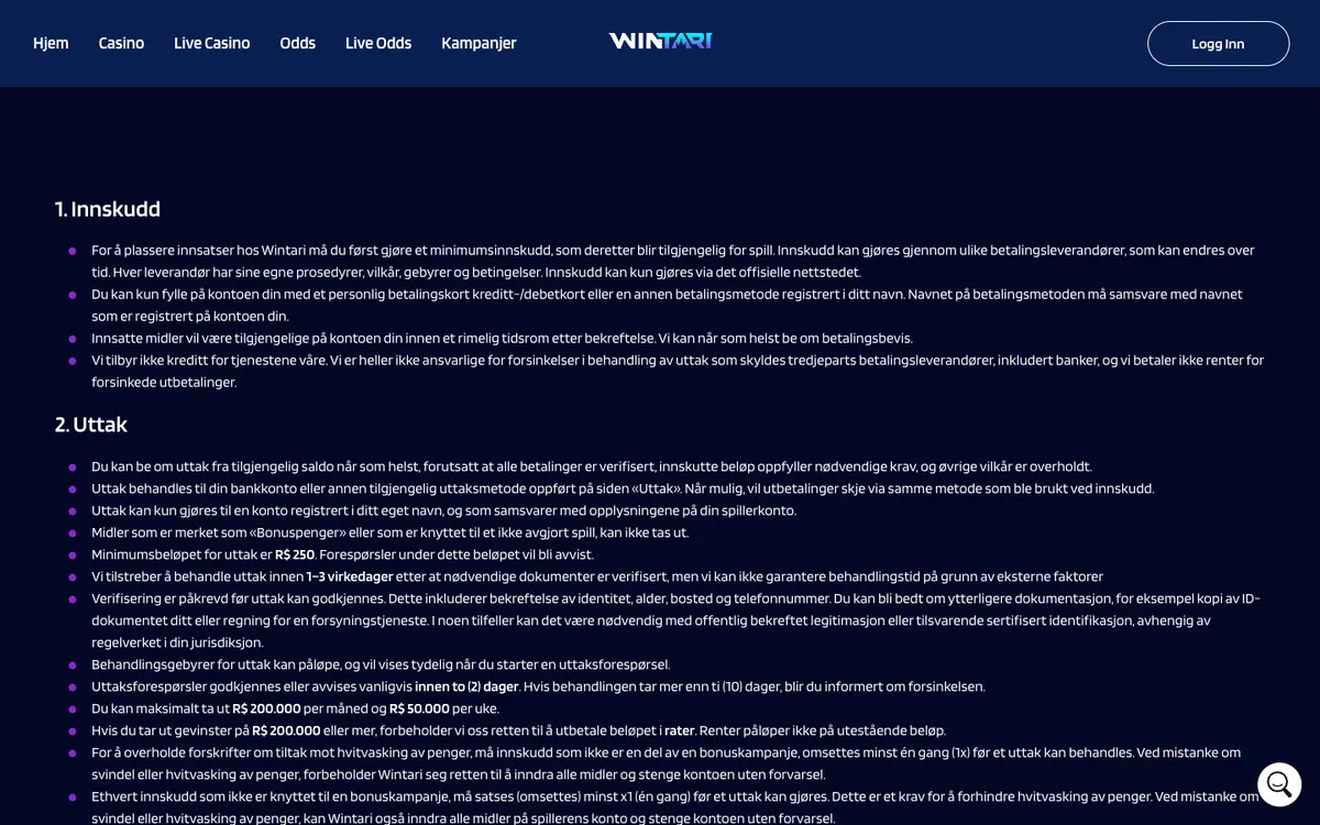 Wintari Casino — Payments, captured from Norway