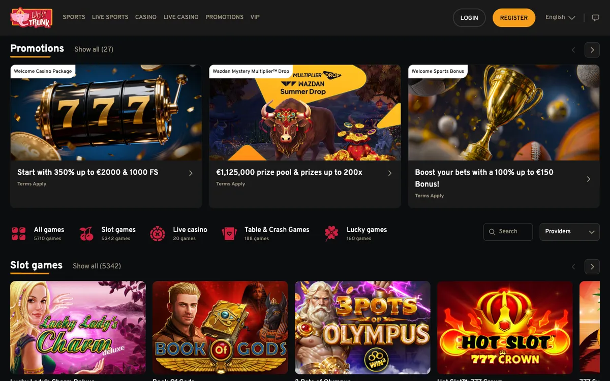 Lucky Trunk Casino — Home page, captured from Belgium