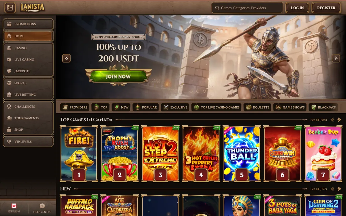 Lanista Casino — Home page, captured from Canada