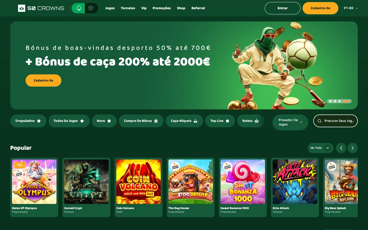 50 Crowns Casino — Home page, captured from Brazil