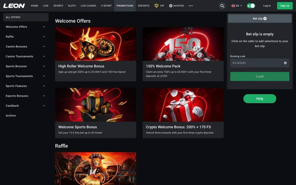 Leon Bet Casino — Promotions, captured from Belgium
