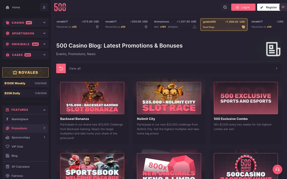 500 Casino — Promotions, captured from New Zealand