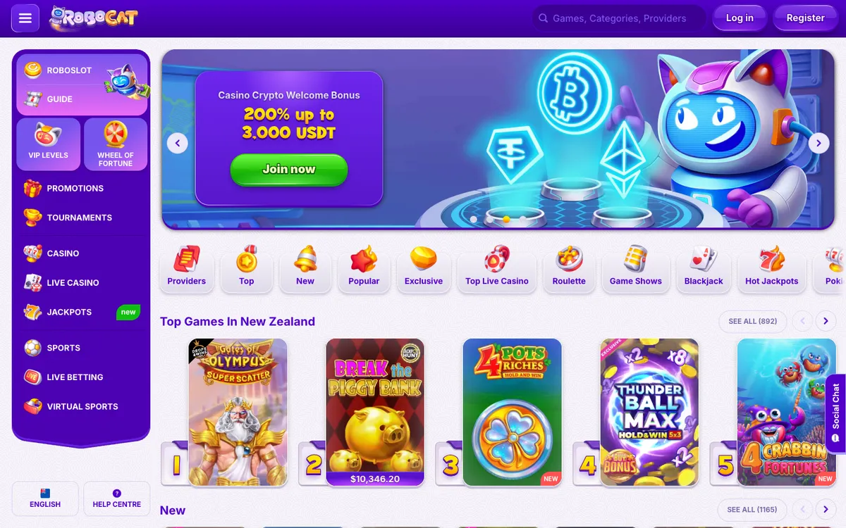 RoboCat Casino — Home page, captured from New Zealand