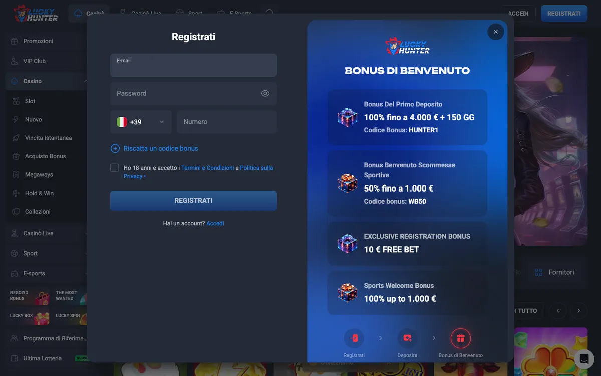 Lucky Hunter Casino — Sign-up, captured from Italy