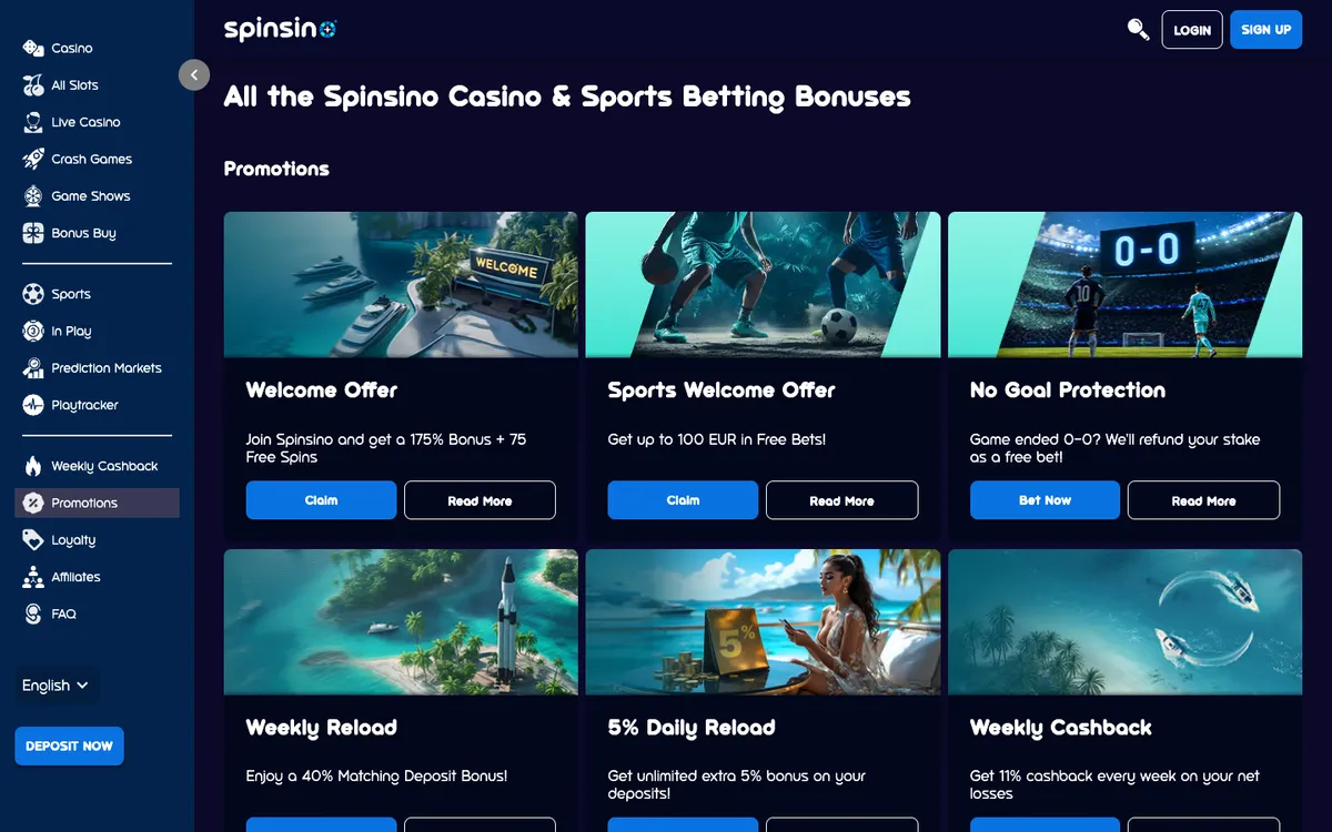 Spinsino Casino — Promotions, captured from Belgium