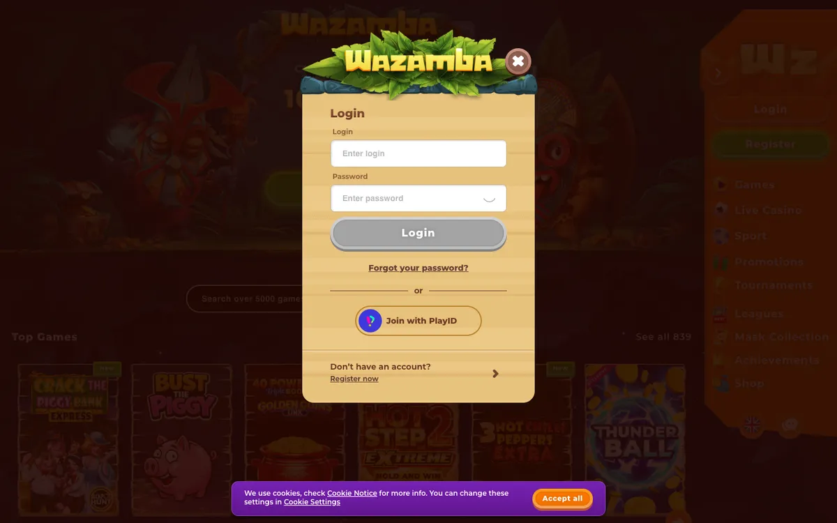 Wazamba Casino — Sign-up, captured from Nigeria