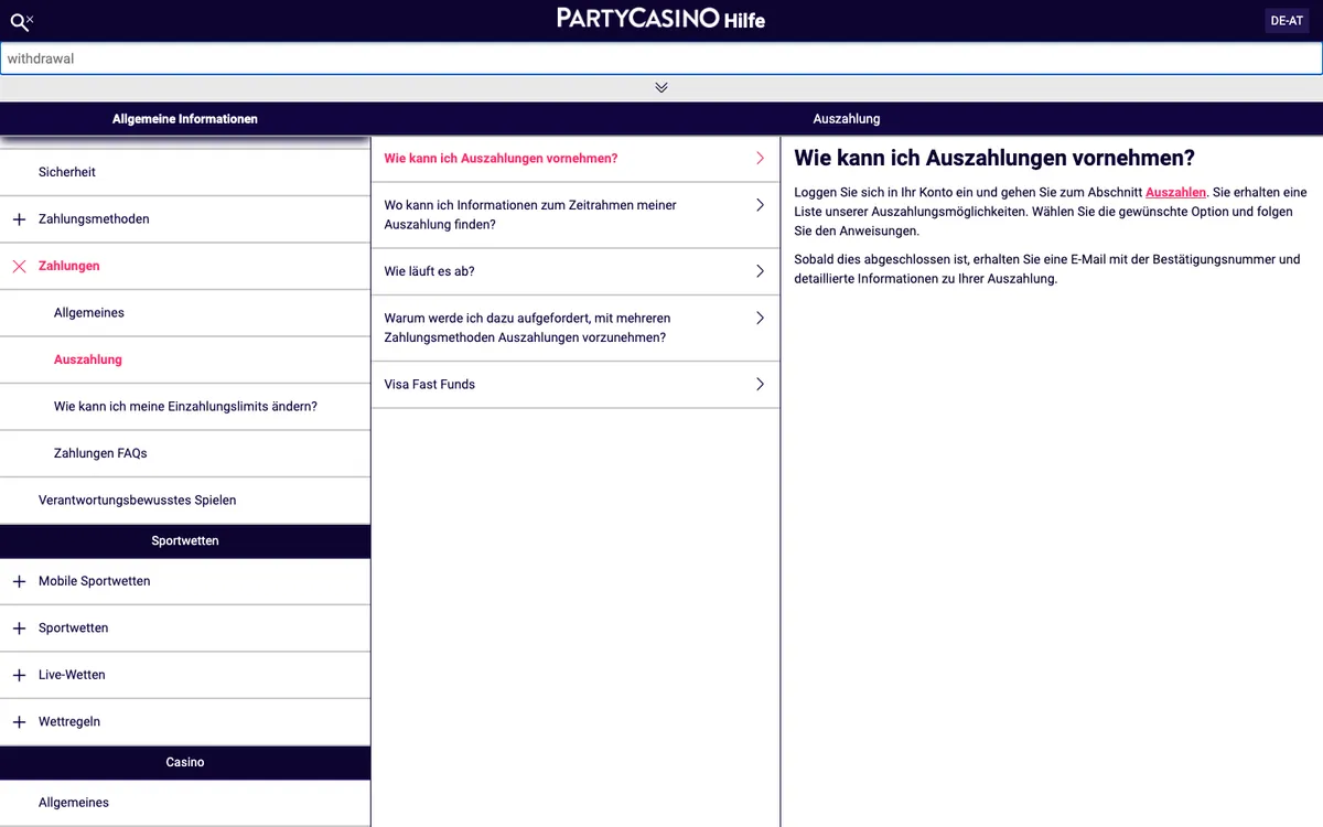 PartyCasino — «Платежи», снято из страны Австрия