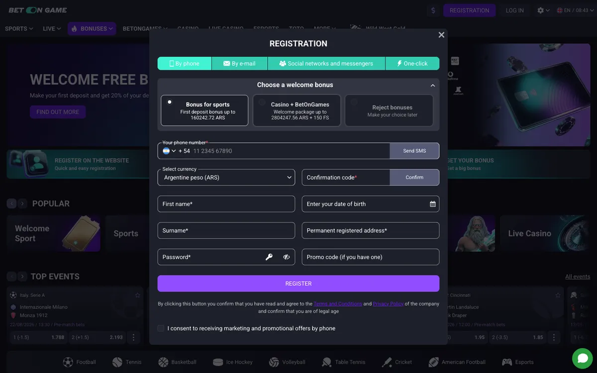 BetOnGame Casino — Sign-up, captured from Argentina