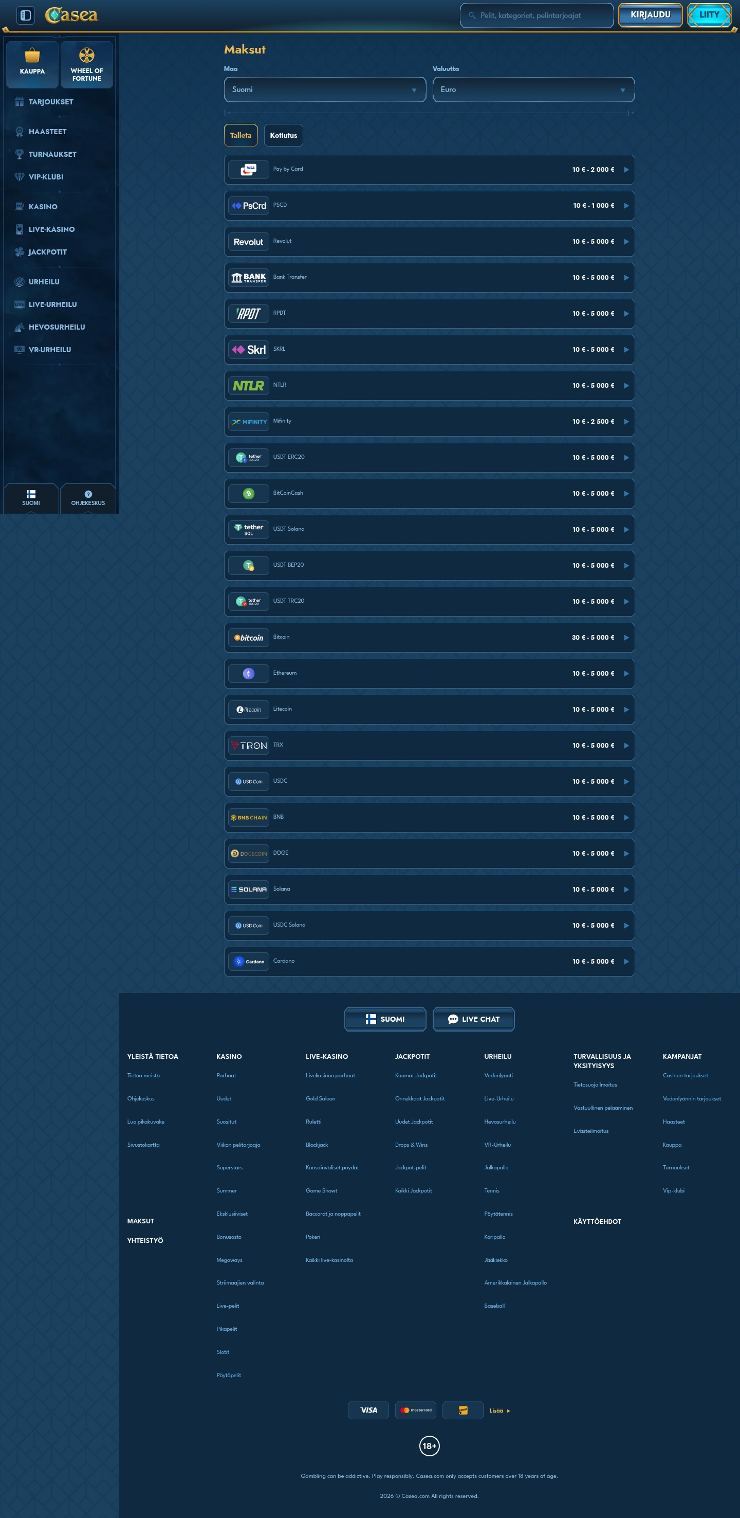 Casea Casino — «Платежи», снято из страны Финляндия