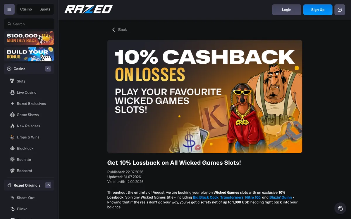Razed Casino — Promotions, captured from New Zealand