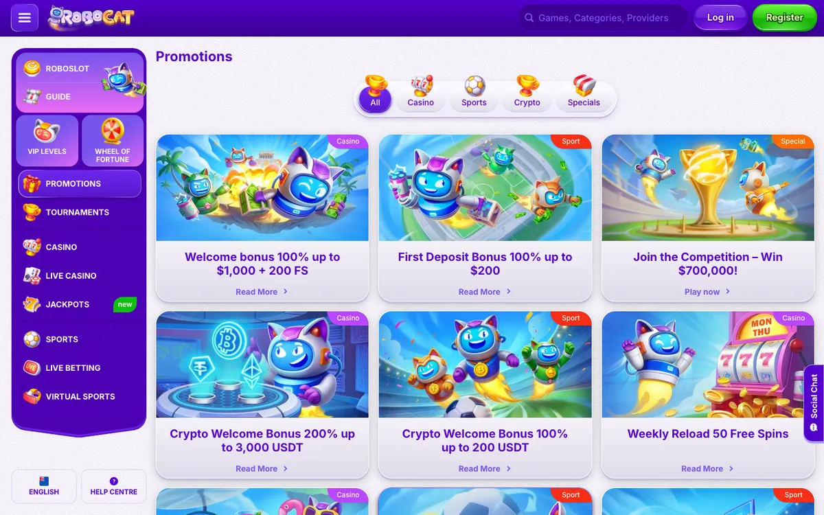RoboCat Casino — Promotions, captured from New Zealand