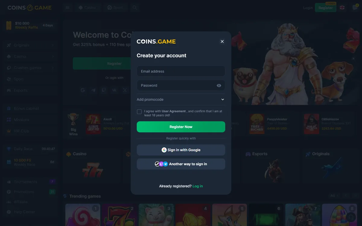 Coins Game Casino — Sign-up, captured from Canada