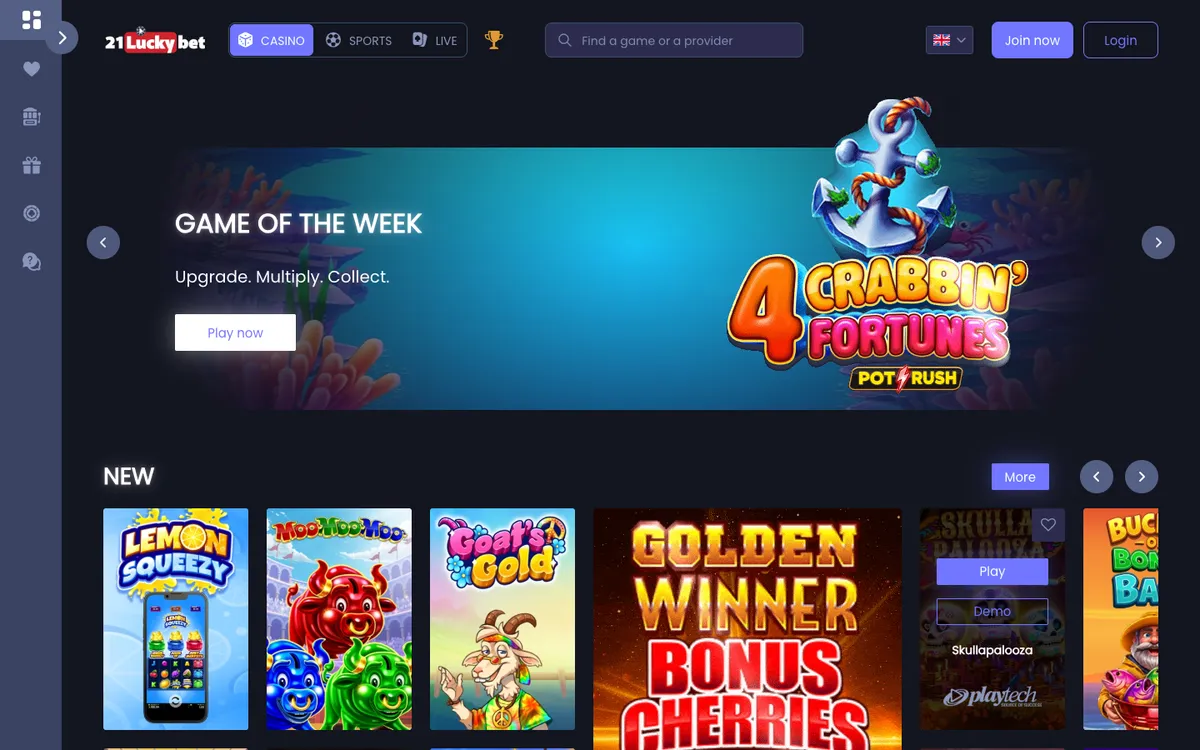 21LuckyBet Casino — Home page, captured from New Zealand