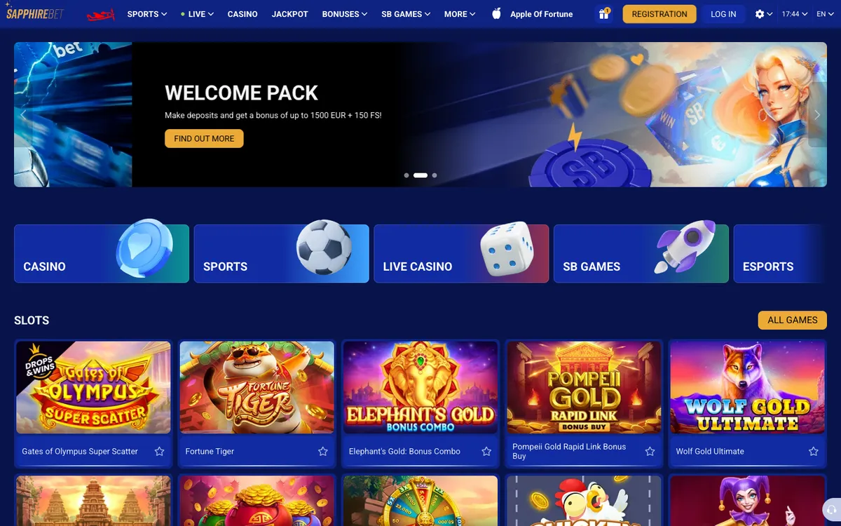 SapphireBet Casino — Home page, captured from Norway