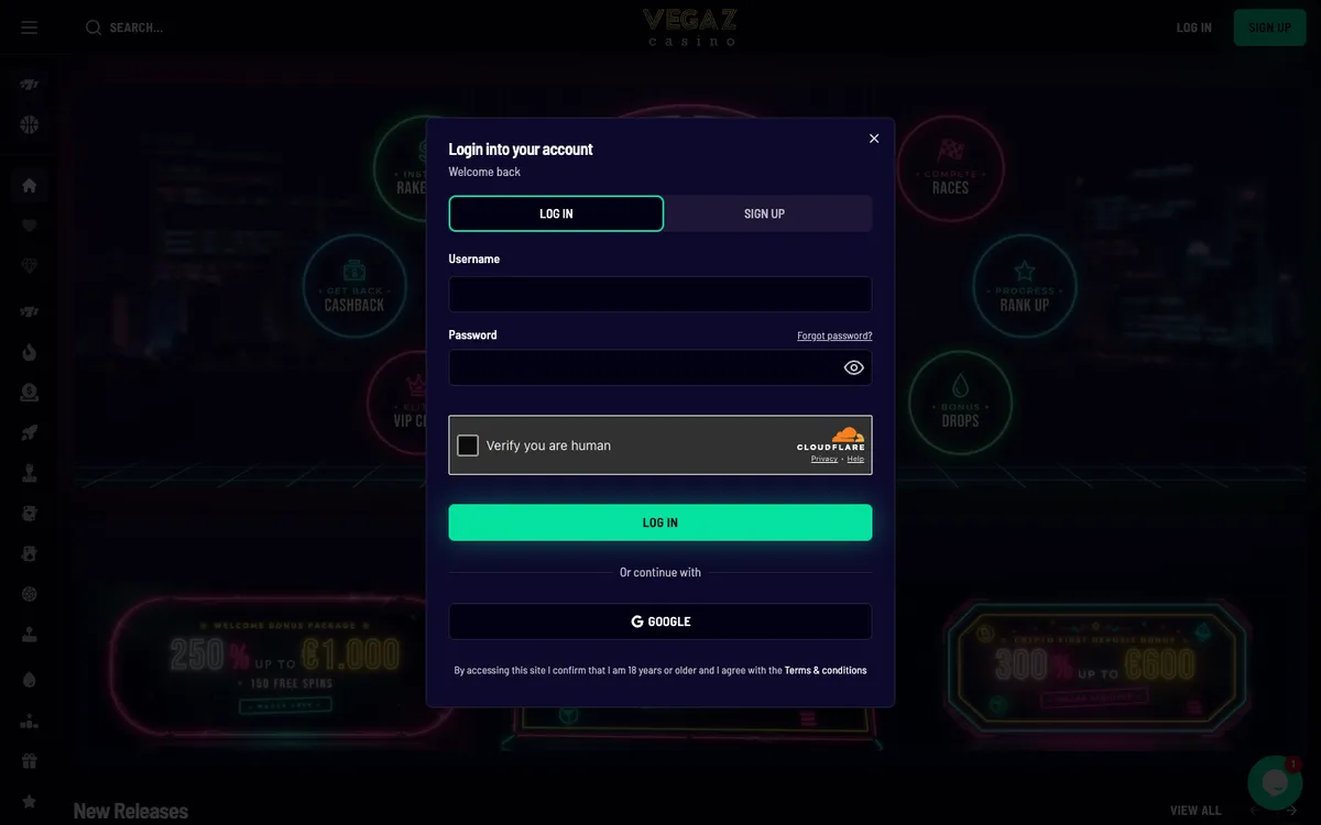 Vegaz Casino — «Регистрация», снято из страны Австрия