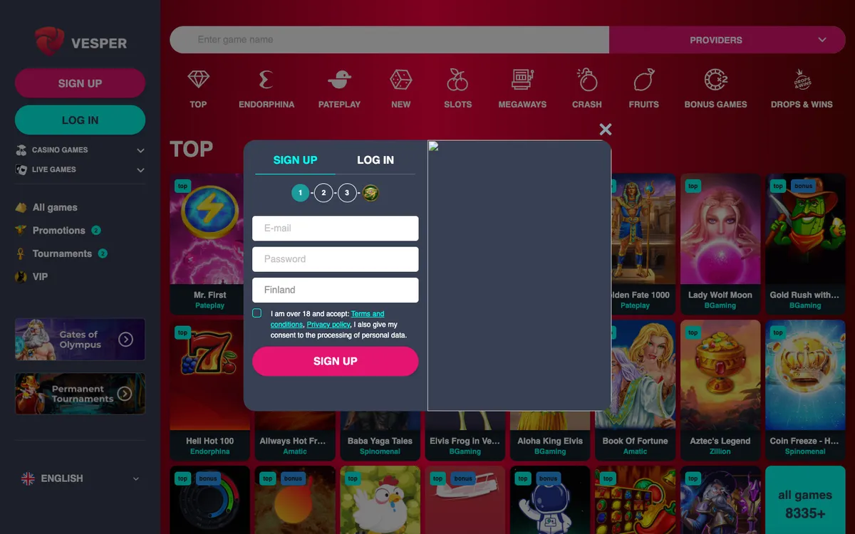 Vesper Casino — Sign-up, captured from Finland