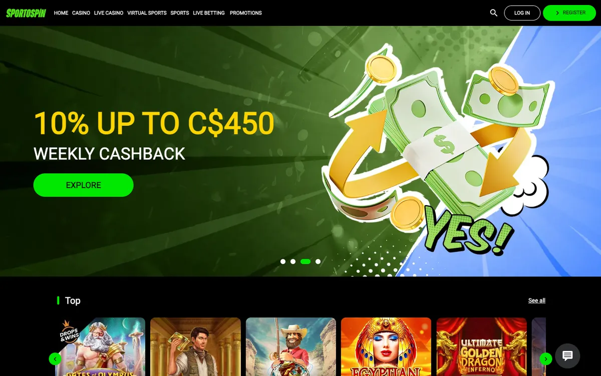 SportoSpin Casino — Home page, captured from Canada