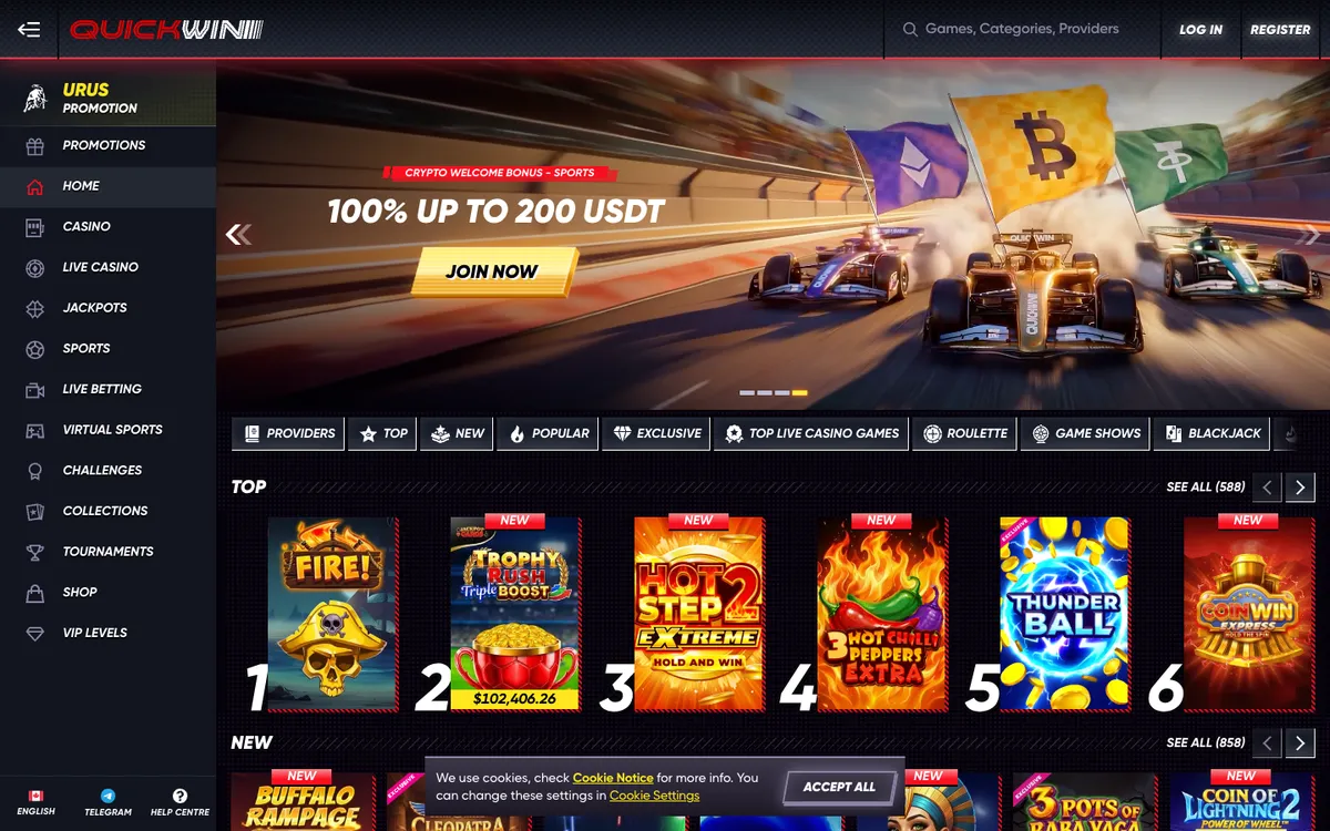 QuickWin Casino — «Главная», снято из страны Канада