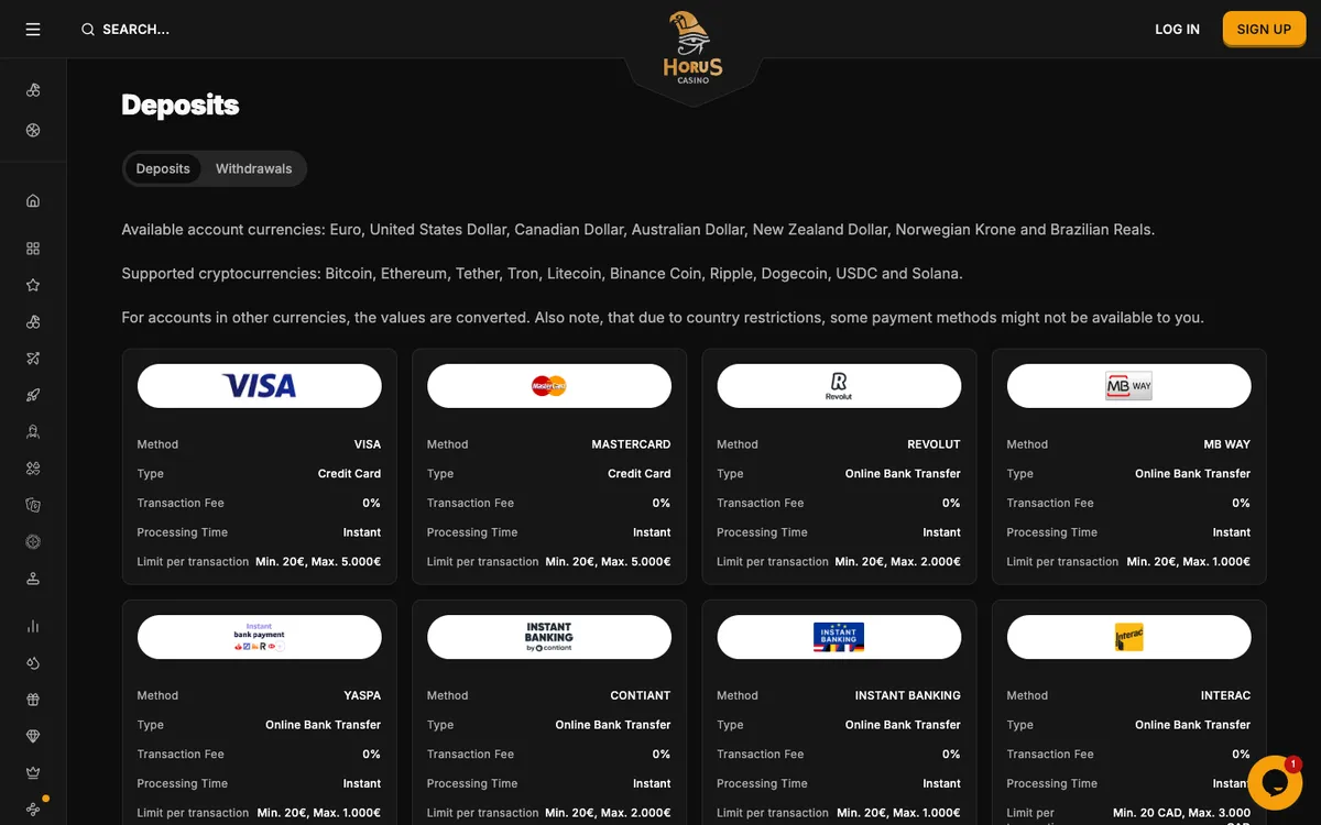 Horus Casino — «Платежи», снято из страны Австрия