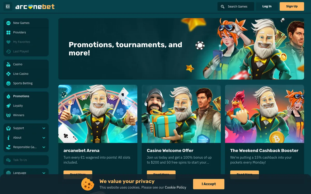 arcanebet Casino — «Акции», снято из страны Колумбия