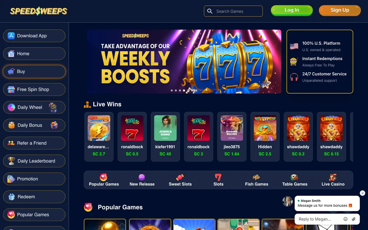 SpeedSweeps Casino — Home page, captured from United States