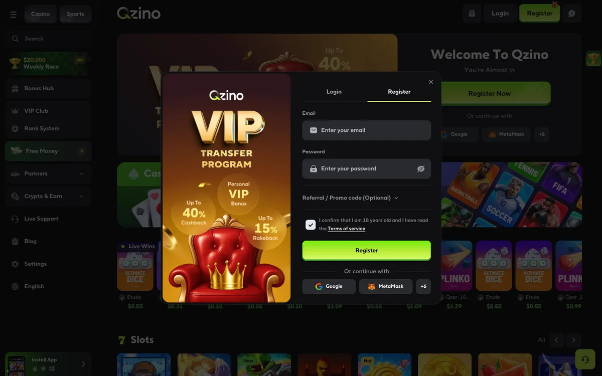 Qzino Casino — Sign-up, captured from Portugal