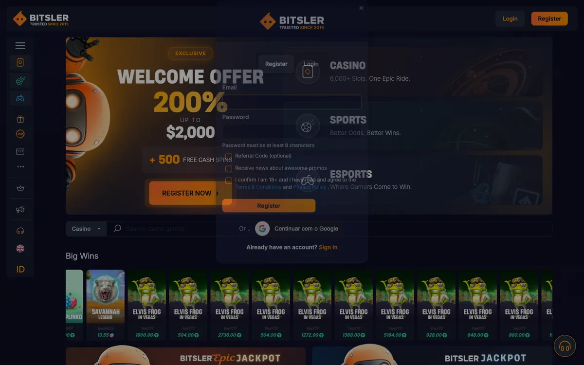 Bitsler Casino — Sign-up, captured from Brazil