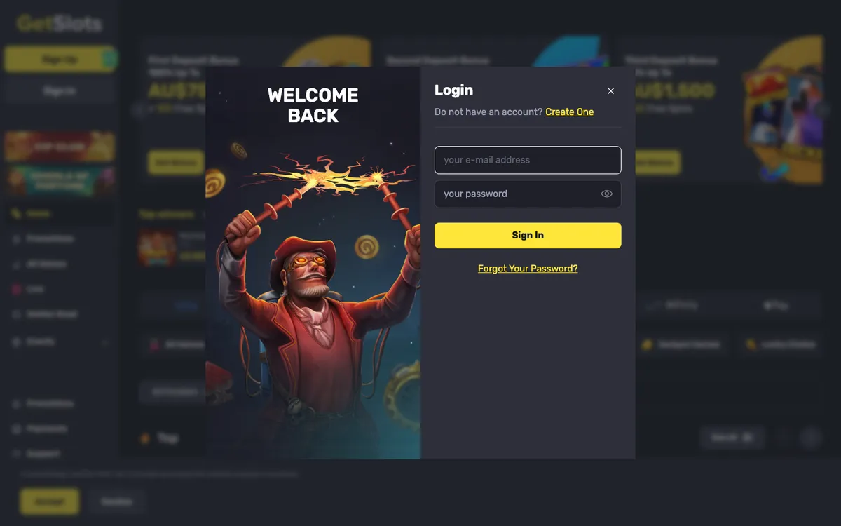 GetSlots Casino — «Регистрация», снято из страны Австралия