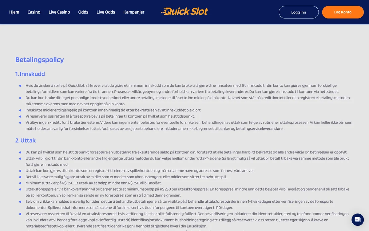 QuickSlot Casino — «Платежи», снято из страны Норвегия