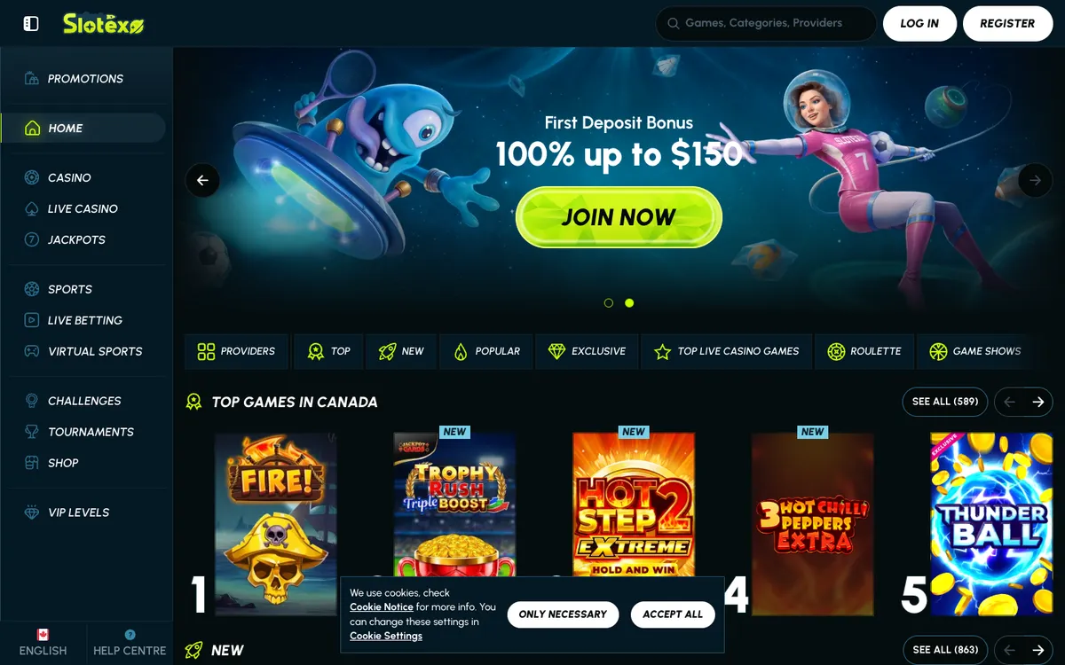Slotexo Casino — Home page, captured from Canada