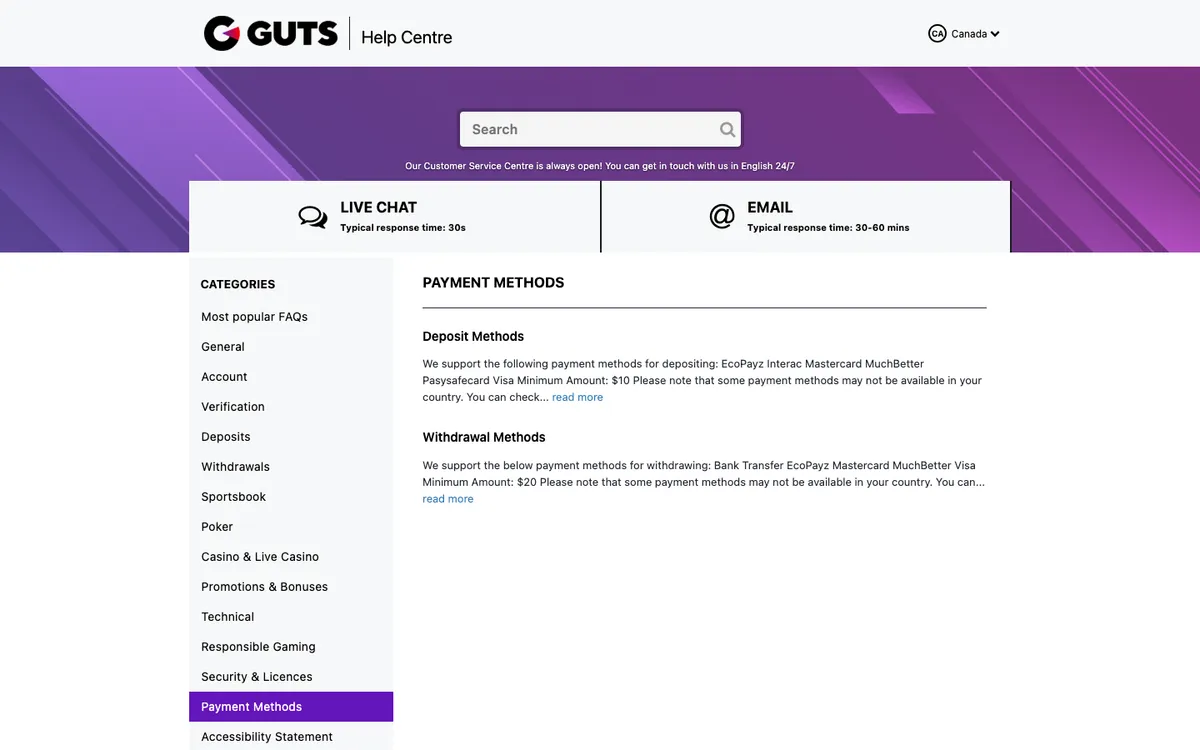 Guts Casino — Payments, captured from Canada