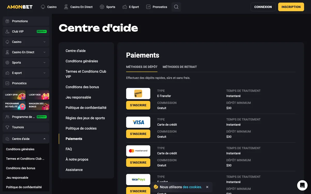 Amonbet Casino — Payments, captured from France
