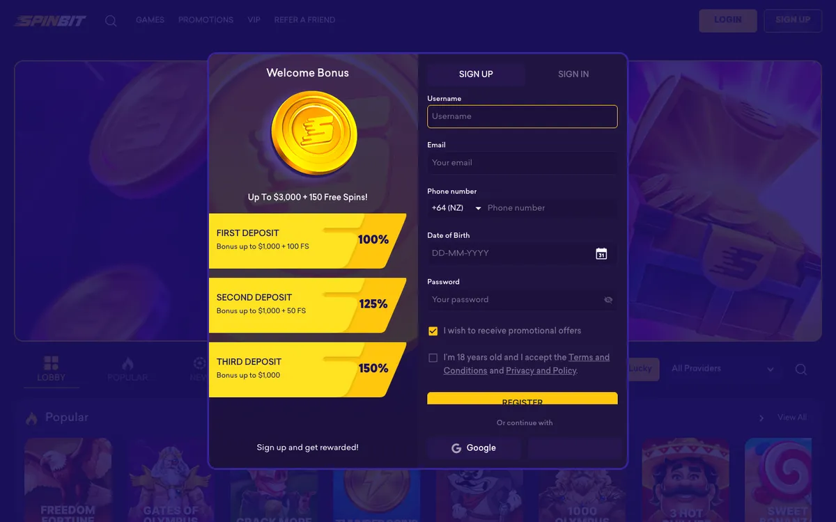 SpinBit Casino — Sign-up, captured from Canada