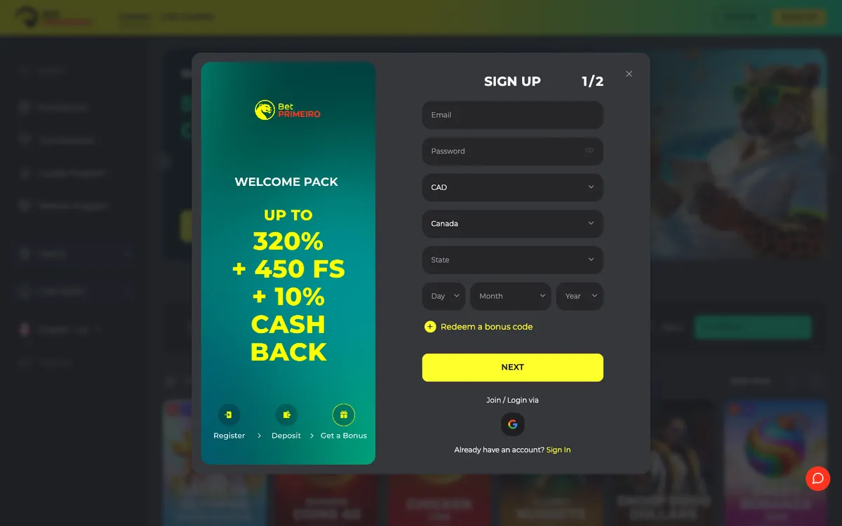 BetPRIMEIRO Casino — Sign-up, captured from Canada