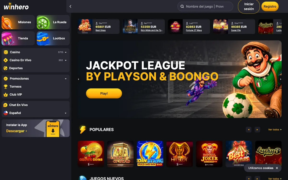 Winhero Casino — Home page, captured from Spain
