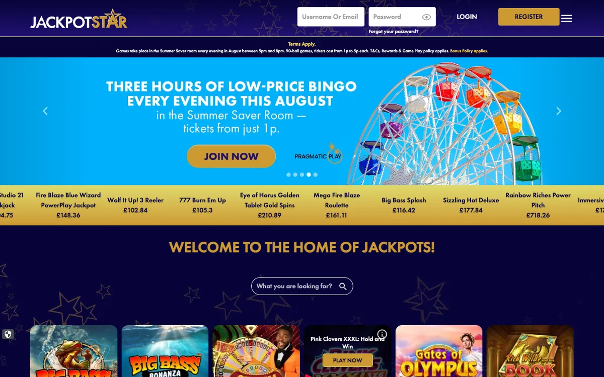 Jackpot Star Casino — Home page, captured from United Kingdom