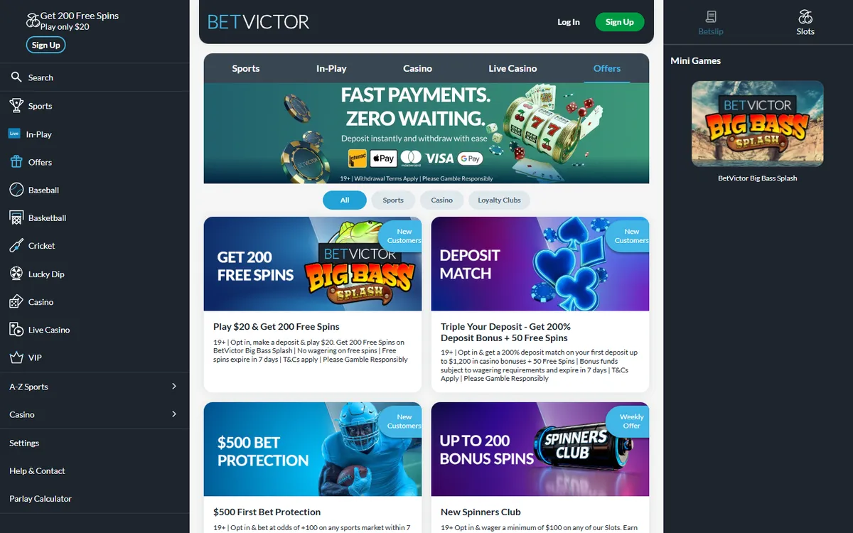 BetVictor Casino — Promotions, captured from Canada