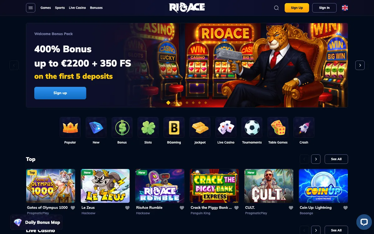 RioAce Casino — Home page, captured from Belgium