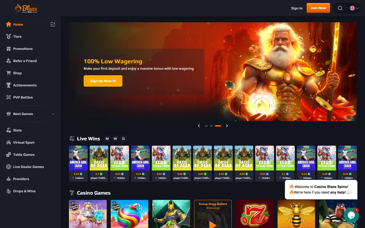 Blaze Spins Casino — Home page, captured from Canada