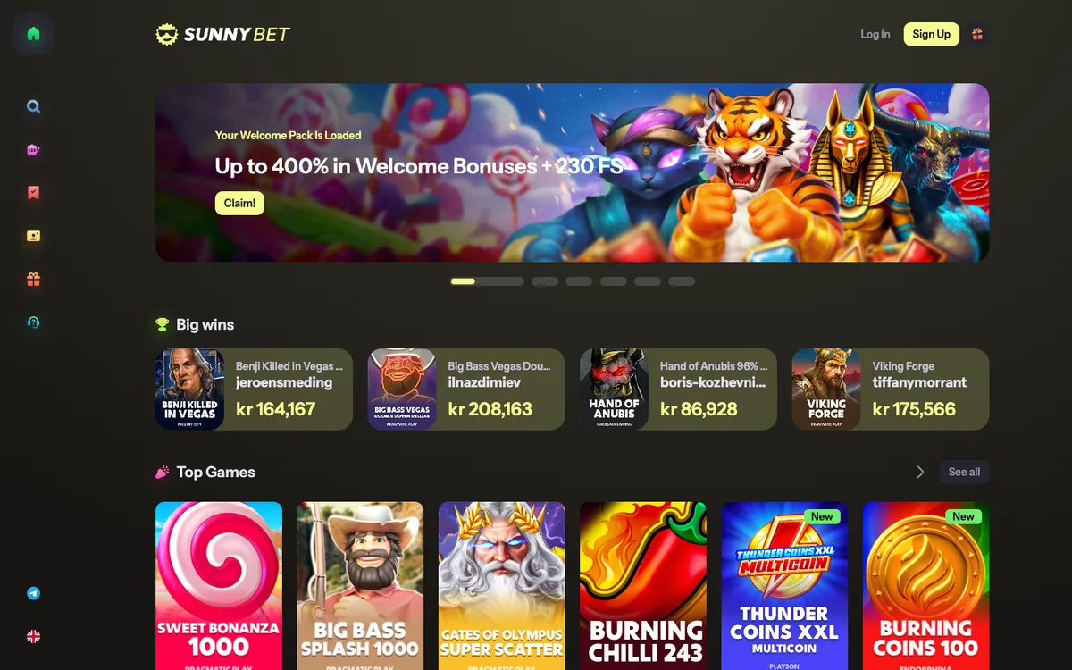 SunnyBet Casino — Home page, captured from Norway