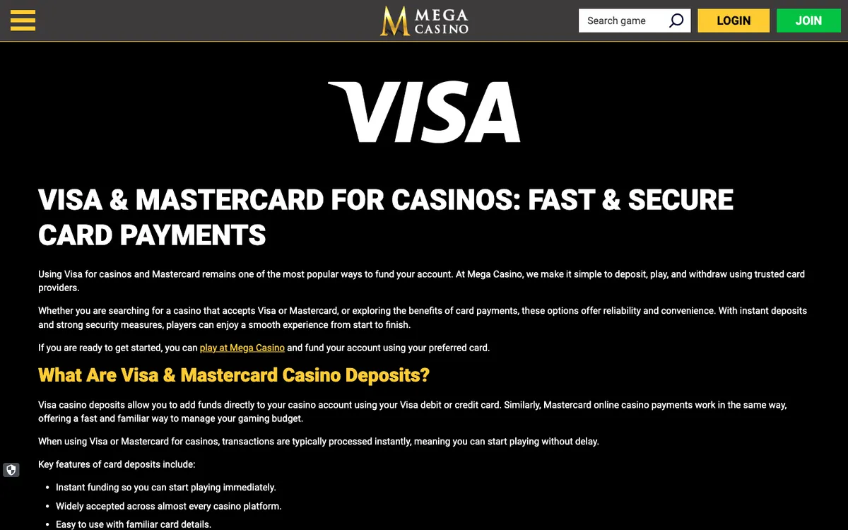 Mega Casino — Payments, captured from South Africa
