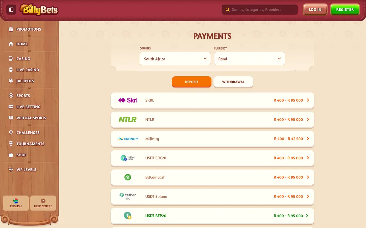 BillyBets Casino — «Платежи», снято из страны Южно-Африканская Республика