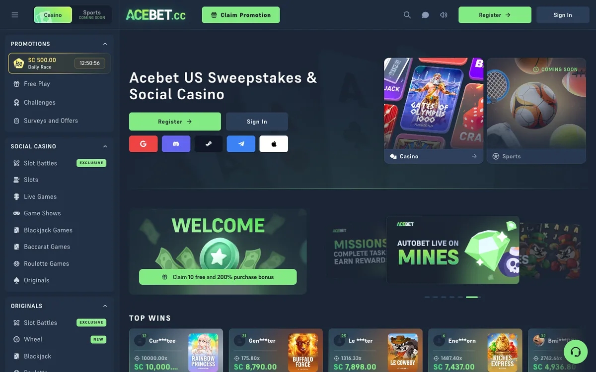 Acebet Casino — Home page, captured from United States