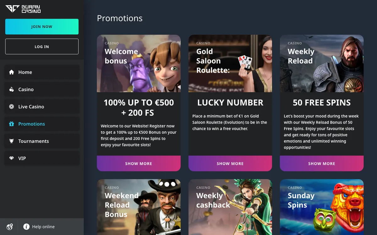 BuranCasino — Promotions, captured from South Africa