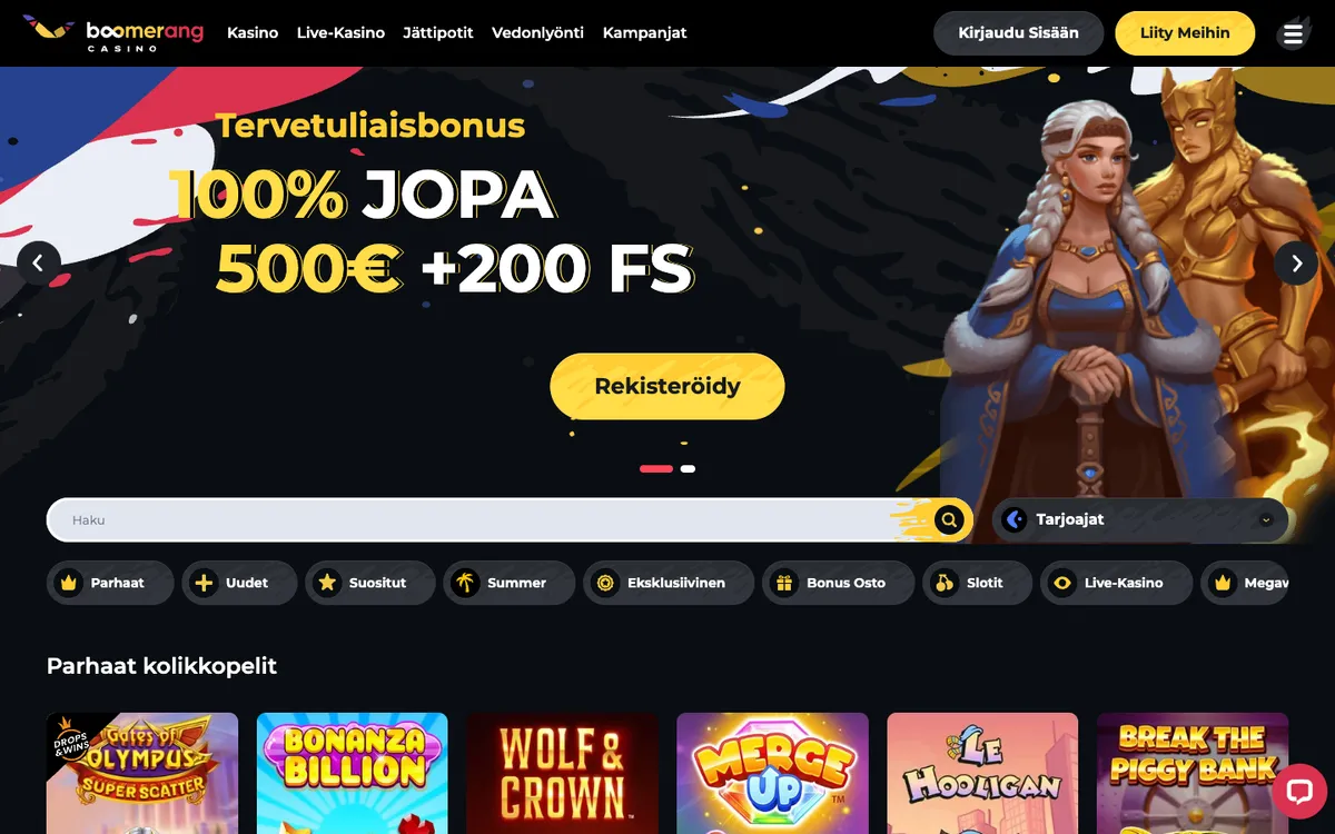 Boomerang Casino — Home page, captured from Finland