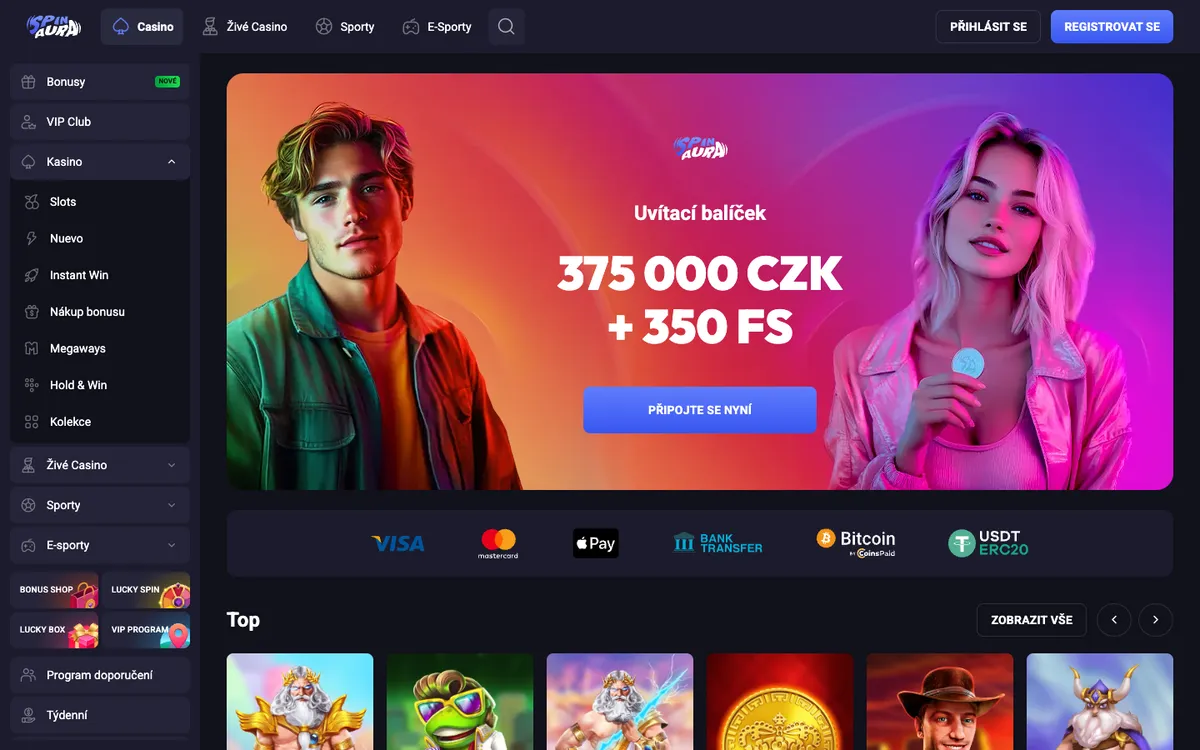 Spin Aura Casino — Home page, captured from Czechia