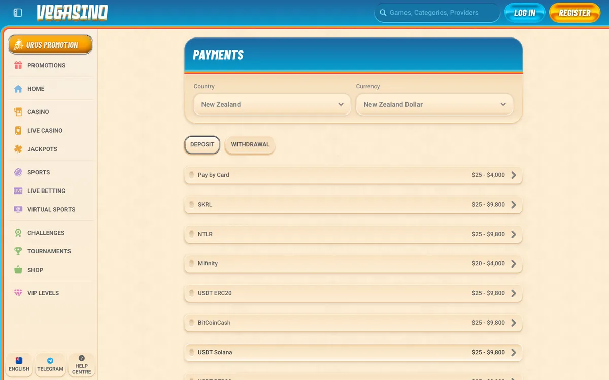 Vegasino Casino — Payments, captured from New Zealand