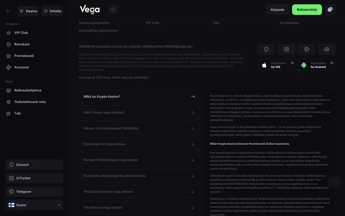 Vega.bet Casino — Promotions, captured from Finland
