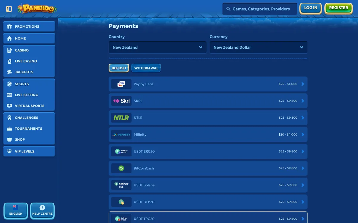Pandido Casino — Payments, captured from New Zealand