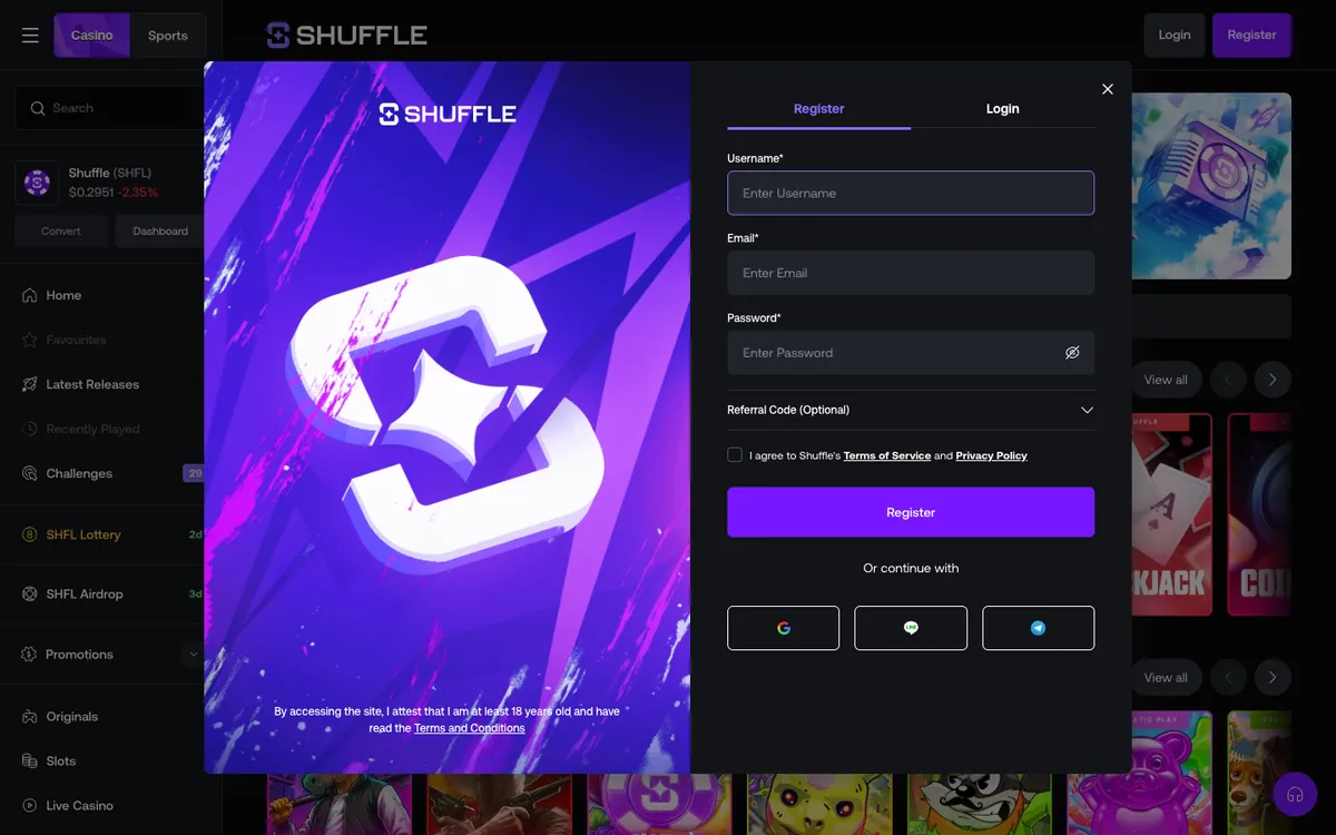 Shuffle Casino — Sign-up, captured from New Zealand